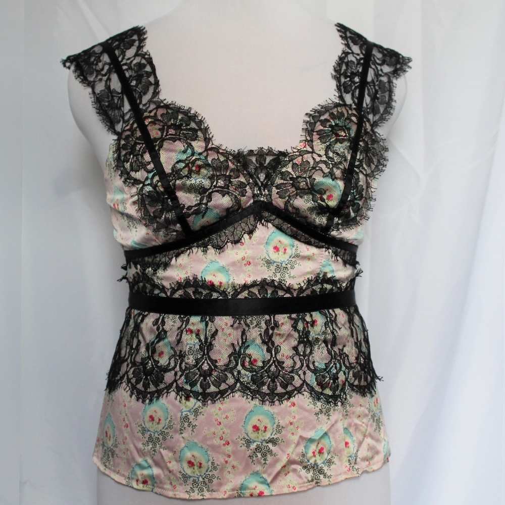 Silk Pink & Black Floral Lace Camisole